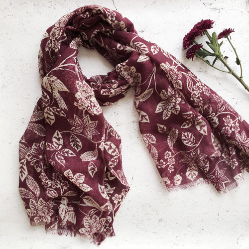 Merino Floral Scarf - Burgundy