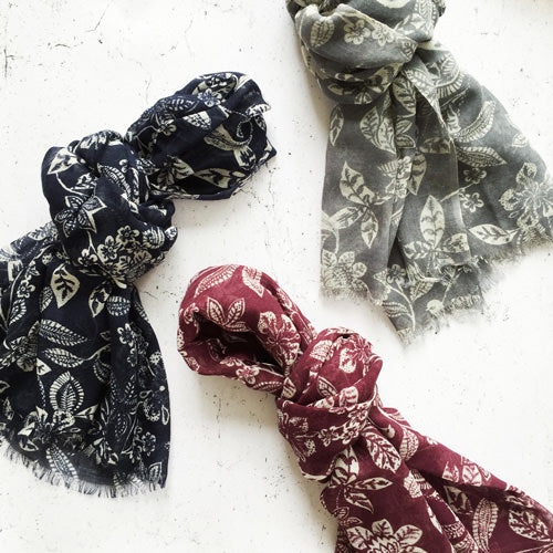 Merino Floral Scarf - Navy