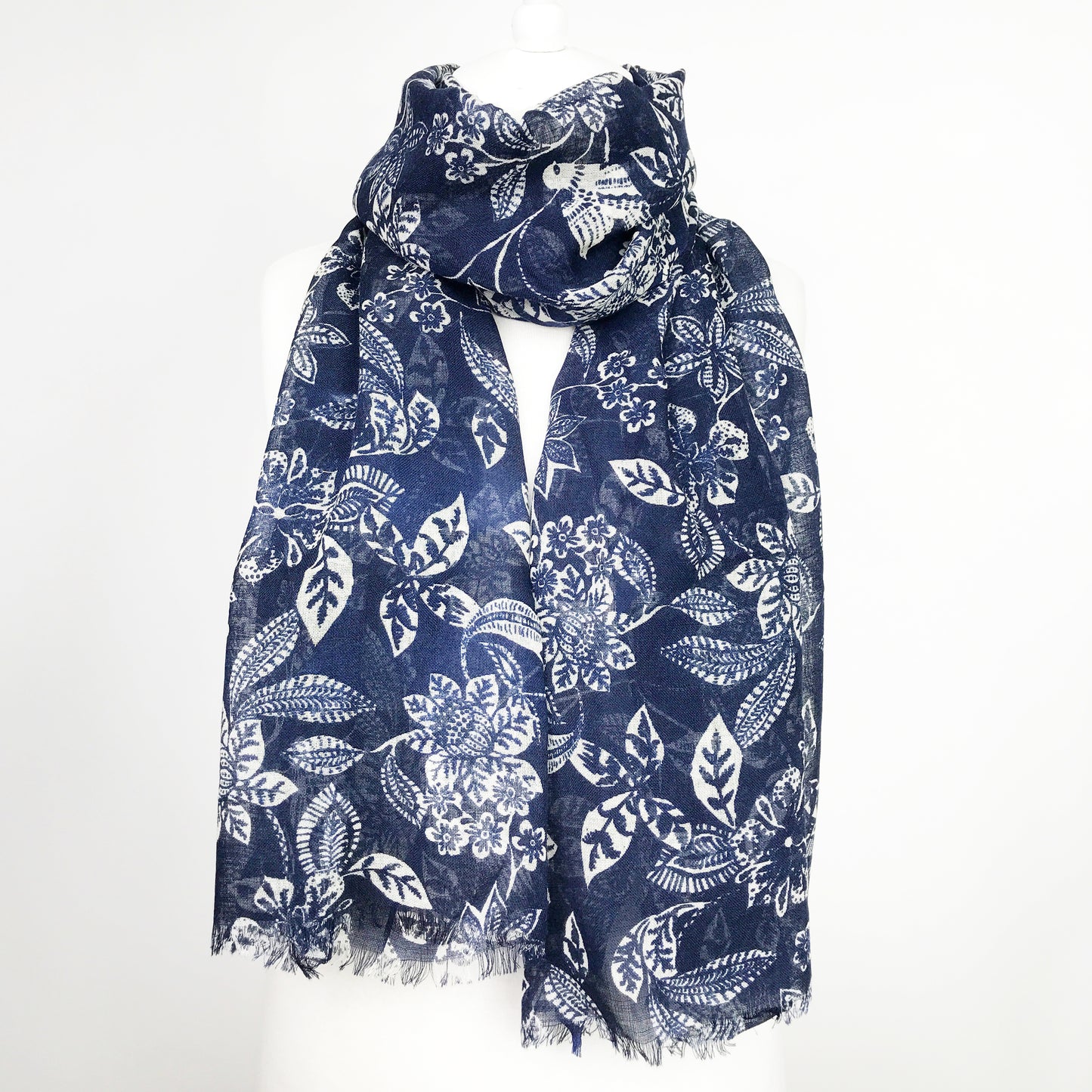 Merino Floral Scarf - Navy
