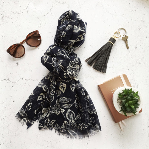 Merino Floral Scarf - Navy