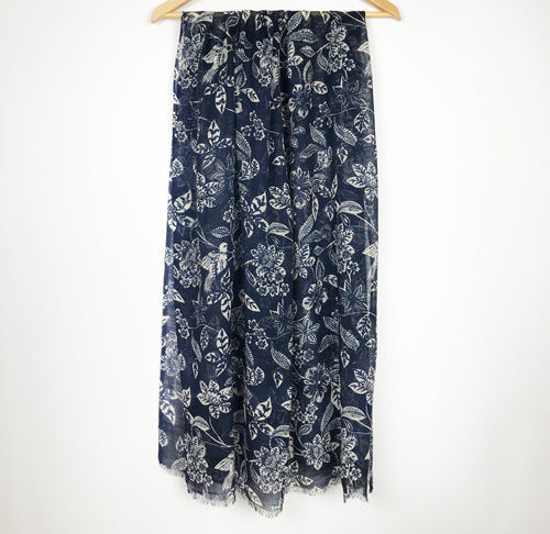 Merino Floral Scarf - Navy