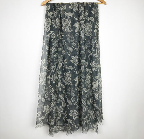 Merino Floral Scarf - Grey
